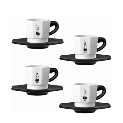 Комплект 4 бр. чаши BIALETTI 8-Faces - 75 мл. бели с черни чинийки 